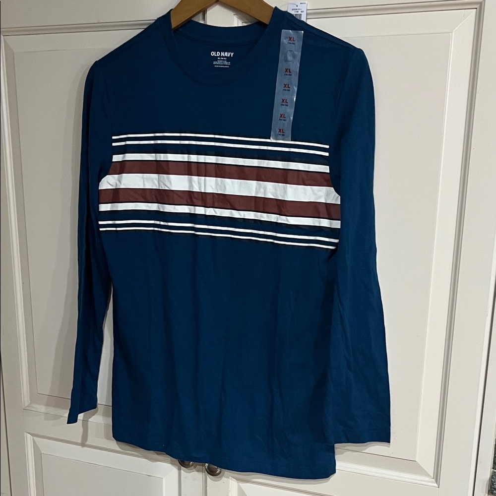 Old Navy Men's Teal and Brown Striped Long Sleeve Tee